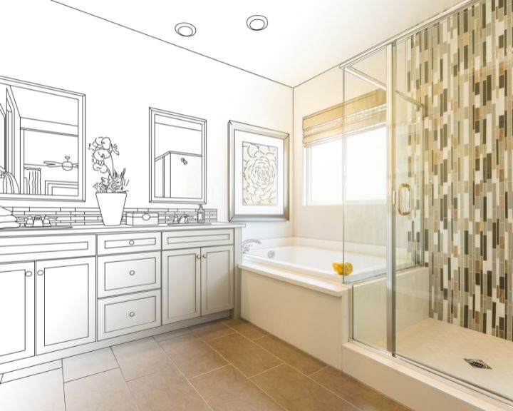 A bathroom drawing featuring a tub, sink, and shower for City Bathroom Remodels.
