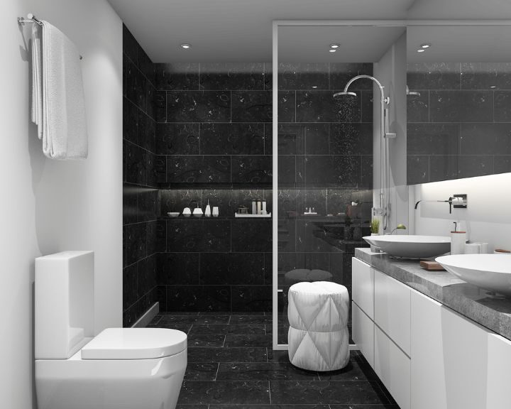 A city bathroom remodels featuring a monochrome palette with essential fixtures.